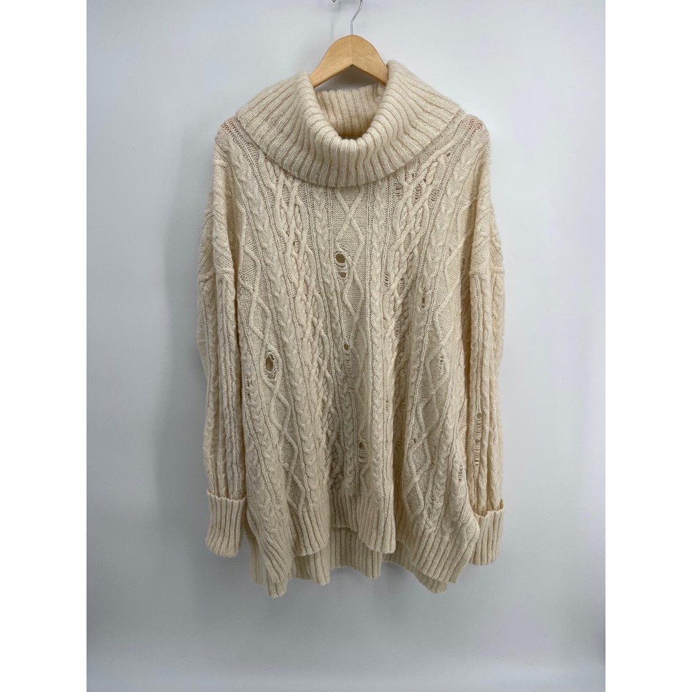 Free People Oversized Cable Knit Distressed Cowl Neck Sweater Ivory Cream Medium